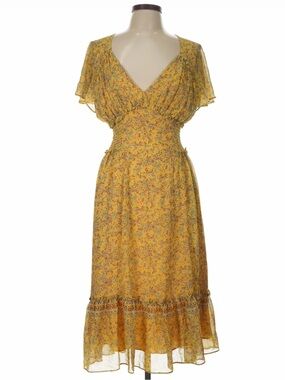 MAX STUDIO Yellow Midi Dress Short Sleeve Flutter V Neck Ruched Waist Summer